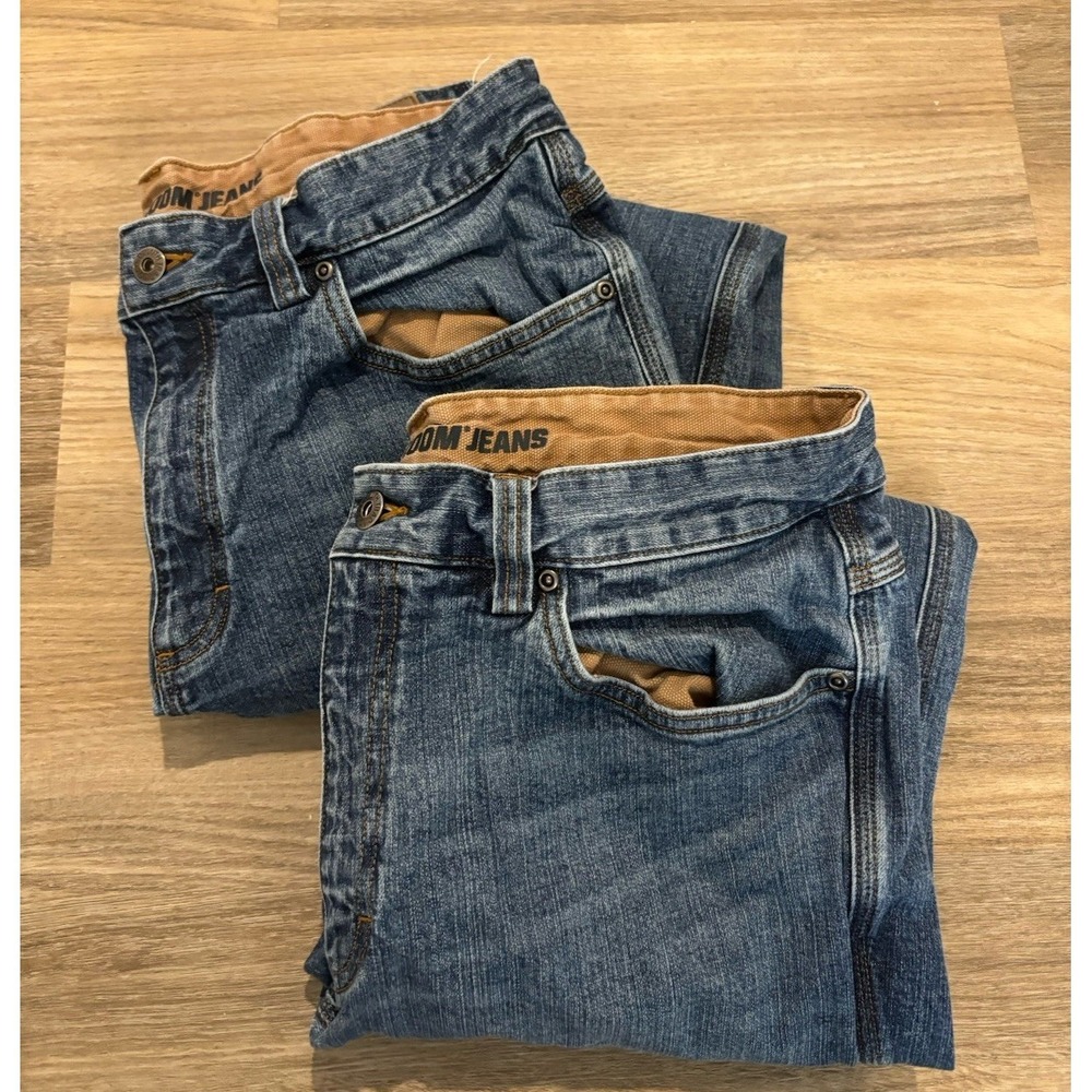 LOT OF 2 Duluth Trading Flex Ballroom Jeans Relaxed Fit 34x28 Blue Work Wear